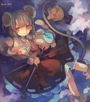  1girl basket capelet cha_goma grey_hair mouse mouse_tail nazrin night night_sky red_eyes rod sky tail touhou 