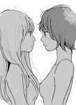  2girls aldnoah.zero asseylum_vers_allusia bust close-up eye_contact greyscale hair_down long_hair looking_at_another monochrome multiple_girls nude profile rayet_areash shimura_takako short_hair simple_background small_breasts white_background 