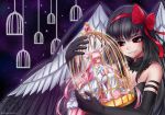  2girls absurdly_long_hair akemi_homura akuma_homura bare_shoulders black_gloves black_hair bow cage choker dress elbow_gloves feathered_wings gloves goddess_madoka grin hair_bow highres hug kaname_madoka long_hair looking_at_another mahou_shoujo_madoka_magica mahou_shoujo_madoka_magica_movie multiple_girls pink_hair racoon-kun red_eyes signature smile space spoilers thigh-highs two_side_up very_long_hair white_dress white_gloves white_legwear wings yuri zettai_ryouiki 