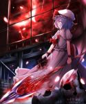  1girl ascot bat blood blue_hair brooch dress energy_ball full_moon hat hat_ribbon highres jewelry mob_cap moon night pink_dress puffy_short_sleeves puffy_sleeves red_eyes red_moon remilia_scarlet ribbon rok_(guitar0706) short_sleeves skull sky solo spear_the_gungnir stairs touhou window wrist_cuffs 