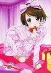  1girl absurdres bow brown_hair chocolate dress gift hair_bow highres koizumi_hanayo love_live!_school_idol_project mouth_hold official_art pink_eyes solo valentine 