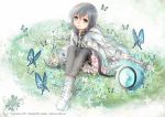  1girl blue_eyes butterfly creamsea grass long_hair silver_hair sitting smile solo vocaloid xia_yu_yao 