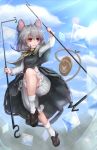 1girl animal_ears bloomers blue_sky capelet clouds dowsing_rod dress gem grey_dress grey_hair highres hoshibuchi jewelry long_sleeves mouse mouse_ears mouse_tail nazrin necklace pendant red_eyes shirt sky solo tail touhou underwear 