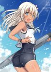  1girl blonde_hair blue_eyes blue_sky clouds kantai_collection no_pants open_mouth ro-500_(kantai_collection) sakiyamama school_swimsuit school_uniform serafuku sky smile solo swimsuit swimsuit_under_clothes tan tanline torpedo 