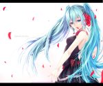  1girl blue_eyes blue_hair dress hatsune_miku highres letterboxed long_hair nail_polish petals solo twintails vocaloid white_background yukihama 