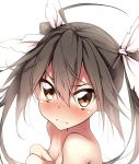  1girl beauty_love blush brown_eyes hair_ribbon highres kantai_collection long_hair nude out-of-frame_censoring ribbon solo sweat tears tone_(kantai_collection) twintails 