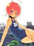  1girl :p ahoge arm_support blush cat highres i-58_(kantai_collection) kantai_collection orange_hair red_eyes school_swimsuit short_hair sitting solo sw swimsuit tongue tongue_out wet 
