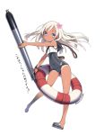  1girl aoi_tsunami blue_eyes covered_navel highres japanese_flag kantai_collection long_hair ro-500_(kantai_collection) school_swimsuit school_uniform serafuku solo swimsuit tan torpedo white_hair 