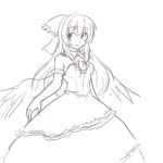  1girl adapted_costume bow detached_collar dress elbow_gloves gloves gomi_(gomitin) hair_bow long_hair monochrome reiuji_utsuho sketch smile solo third_eye touhou wings 
