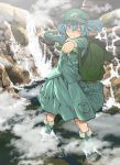  1girl backpack bag blue_eyes blue_hair cucumber hair_bobbles hair_ornament hat highres kawashiro_nitori key looking_at_viewer masanokobun one_eye_closed outstretched_arm rock short_hair smile solo touhou twintails water waterfall 