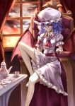  1girl ascot barefoot blue_hair brooch chair cup dress fang hat hat_ribbon highres jewelry kamisa leg_up mob_cap pink_dress pink_eyes plate puffy_short_sleeves puffy_sleeves remilia_scarlet ribbon short_sleeves solo table teacup teapot touhou window wrist_cuffs 