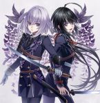  2boys ahoge androgynous black_hair honebami_toushirou long_hair long_sleeves military military_uniform multiple_boys namazuo_toushirou necktie open_mouth pants ponytail reki_(pixiv) sheath short_hair smile sode sword touken_ranbu uniform very_long_hair violet_eyes weapon white_hair 