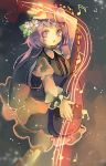  1girl biwa_lute cha_goma flower hair_flower hair_ornament highres instrument lavender_eyes lavender_hair long_hair low_twintails lute_(instrument) musical_note open_mouth solo touhou tsukumo_benben twintails 