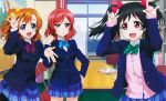  3girls absurdres black_hair blue_eyes bow brown_hair hair_bow hand_on_hip highres kousaka_honoka long_hair love_live!_school_idol_project multiple_girls nishikino_maki official_art red_eyes redhead school_uniform side_ponytail twintails violet_eyes yazawa_nico 