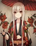  1girl brown_eyes club highres japanese_clothes kimono long_hair looking_at_viewer oni oni_horns original shuuichi solo umbrella weapon white_hair 