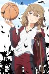  1girl basketball brown_eyes crutch hanamonogatari highres m-ya monogatari_(series) numachi_rouka short_hair track_suit 