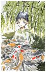  1boy black_eyes black_hair fish ghost koi open_mouth original partially_submerged rand_(artist) short_hair wading white_border 