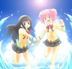  2girls :d akemi_homura barefoot black_hair bow hair_ribbon hairband holding_hands kaname_madoka long_hair looking_at_another mahou_shoujo_madoka_magica multiple_girls open_mouth pink_eyes pink_hair ribbon school_uniform short_hair short_twintails skirt smile twintails violet_eyes water yuri 