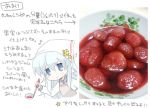  1girl :&gt; blue_eyes food fruit hammer_and_sickle hat hibiki_(kantai_collection) hizuki_yayoi kantai_collection long_hair photo school_uniform serafuku silver_hair solo star strawberry translation_request verniy_(kantai_collection) 