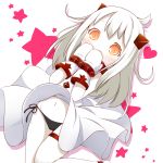  1girl black_panties blush child covering_mouth dress highres horns kantai_collection long_hair looking_at_viewer makuran mittens navel northern_ocean_hime orange_eyes orange_hair panties shinkaisei-kan side-tie_panties solo tagme underwear white_dress white_hair white_skin 