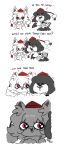  2girls 4koma animal_ears bird_wings black_hair comic detached_sleeves english hat highres inubashiri_momiji looking_at_another multiple_girls open_mouth peachems_(gemu) pom_pom_(clothes) puffy_sleeves red_eyes shameimaru_aya shirt short_hair short_sleeves simple_background skirt smile text tokin_hat touhou white_background white_hair wings wolf_ears 