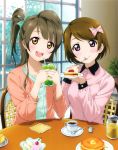  2girls absurdres blush bow brown_eyes brown_hair casual detexted drink food hair_bow highres koizumi_hanayo love_live!_school_idol_project minami_kotori multiple_girls official_art open_mouth pink_eyes side_ponytail smile 