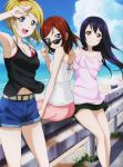  absurdres ayase_eli beach blonde_hair blue_eyes blue_hair brown_eyes casual clouds highres legs long_hair looking_back love_live!_school_idol_project nishikino_maki ocean official_art open_mouth redhead shorts sky smile sonoda_umi sunglasses violet_eyes water 