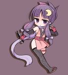  1girl bare_shoulders cosplay crescent_hair_ornament fishnet_legwear fishnets hair_ornament kunai marshmallow_mille ninja patchouli_knowledge purple_background purple_hair scarf solo thigh-highs touhou violet_eyes weapon 