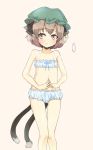  1girl aiba_kou animal_ears blush bra brown_hair cat_ears cat_tail chen hat looking_at_viewer multiple_tails panties short_hair solo steepled_fingers tail touhou underwear 