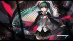  1girl :d black_legwear blurry cape depth_of_field green_eyes green_hair hair_ornament hatsune_miku highres long_hair looking_at_viewer necktie open_mouth pleated_skirt skirt smile solo swd3e2 tagme thigh-highs twintails vocaloid zettai_ryouiki 