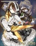  1girl ayakashi_onmyouroku black_hair buttons dress frills gothic_lolita grey_eyes hair_over_one_eye headdress lolita_fashion long_hair long_sleeves looking_at_viewer looking_back mouth_hold official_art original pincushion sama scissors solo 