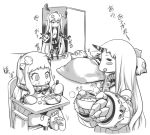  4girls :t =_= aircraft_carrier_oni armor bandages bandaid bandaid_on_knee barefoot blanket blush_stickers claws eating head_bump high_chair horn horns kantai_collection midway_hime mittens momofuki_rio monochrome monster multiple_girls northern_ocean_hime open_mouth seaport_hime shinkaisei-kan sleeping stew torn_clothes turret zzz 