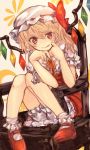  1girl :q blonde_hair chair flandre_scarlet hat looking_at_viewer melocoton red_eyes ribbon short_hair side_ponytail sitting solo tongue tongue_out touhou wings 
