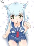  1girl absurdres animal_ears aoki_hagane_no_arpeggio blue_hair cat_ears from_above green_eyes highres iona long_hair looking_at_viewer paw_pose sailor sailor_collar sitting tail yosshy815 