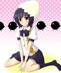  1girl :o bird black_hair black_legwear bowtie chick collared_shirt eggshell eggshell_hat miniskirt puffy_short_sleeves puffy_sleeves red_eyes shameimaru_aya short_hair short_sleeves sitting skirt socks solo teoi_(good_chaos) touhou v_arms wariza 