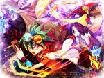  beast-eyes_pendulum_dragon card choker dragon duel_disk duel_monster eirakko goggles goggles_on_head green_hair jacket_on_shoulders jewelry multicolored_hair pendant redhead rune-eyes_pendulum_dragon sakaki_yuuya stargazer_magician yuu-gi-ou yuu-gi-ou_arc-v 