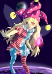  1girl american_flag_legwear american_flag_shirt blonde_hair blush clownpiece earth fairy_wings hat highres ishikkoro jester_cap long_hair looking_at_viewer moon open_mouth pantyhose pointy_ears print_legwear red_eyes short_sleeves smile solo star striped touhou wings 