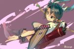  &gt;:) 1girl black_eyes black_hair bow_(weapon) chig_(mizusaki) flight_deck from_above hair_ribbon holding kantai_collection ribbon solo tagme twintails weapon wind zuikaku_(kantai_collection) 