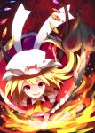  1girl :d ascot blonde_hair fang flandre_scarlet hat highres holding laevatein looking_at_viewer mob_cap open_mouth red_eyes shirokuro_gin side_ponytail smile solo tagme touhou 