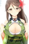  1girl amagi_(kantai_collection) backlighting bare_shoulders breasts brown_eyes brown_hair bust cleavage cleavage_cutout detached_sleeves flower hair_flower hair_ornament kanden_suki kantai_collection light_smile looking_at_viewer obi sash solo 