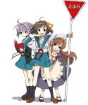  asahina_mikuru black_hair book brown_eyes brown_hair hand_on_hip lavender_hair long_hair maid nagato_yuki school_uniform short_hair sign suzumiya_haruhi suzumiya_haruhi_no_yuuutsu 