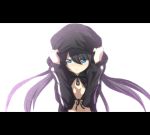  bad_id bikini_top black_hair black_rock_shooter black_rock_shooter_(character) black_rock_shooter_(cosplay) blue_eyes blush breasts cleavage cosplay covering_head embarrassed flat_chest garuku hands_on_head hat hatsune_miku hooded_jacket hoodie long_hair shy simple_background solo twintails vocaloid 