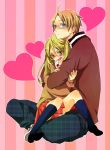  1girl america_(hetalia) axis_powers_hetalia blonde_hair blue_eyes blush couple genderswap glasses green_eyes heart height_difference hug hug_from_behind ichiji jacket lap_sitting necktie plaid short_twintails sitting sitting_on_lap sitting_on_person skirt socks sweater tartan tsundere twintails united_kingdom_(hetalia) 