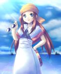  blue_eyes brown_hair capelet fleura_(pokemon) kuri_youkan long_hair nintendo ocean pokemon pokemon_(anime) solo sunglasses 