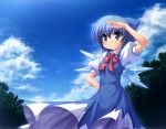  blue_hair bow cirno cloud covering_eyes frown hair_bow looking_afar poni short_hair sky sunbeam sunlight takeponi touhou tree wings 