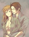  1girl austria_(hetalia) axis_powers_hetalia breasts brown_hair cleavage couple glasses green_eyes holding hug hug_from_behind hungary_(hetalia) large_breasts long_hair milcho no_bra open_clothes open_shirt shirt sleeves_rolled_up 