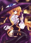  black_thighhighs blonde_hair cape carnelian eyes hat lilith long_hair mary_janes official_art purple_eyes ribbon riding_crop sad shoes solo thigh-highs thighhighs violet_eyes yami_to_boushi_to_hon_no_tabibito 