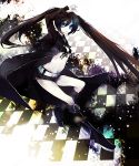  bikini_top black_hair black_rock_shooter black_rock_shooter_(character) blue_eyes boots coat flat_chest jacket long_hair midriff navel pale_skin retei scar shorts solo twintails uneven_twintails very_long_hair 