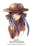  1girl 2001 black_eyes hat long_hair lowres no_nose purple_hair seed_(artist) smile solo watermark web_address white_background 