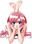  90s absurdres barefoot blue_eyes feet highres lips long_hair official_art pink_hair scan shoujo_kakumei_utena smile soles solo tenjou_utena 